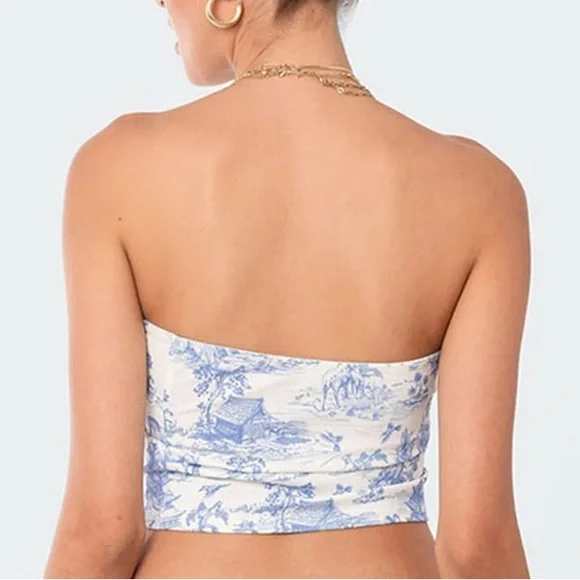 NWT Edikted Delft Print Blue and White Strapless Tube Top - Picture 2 of 6